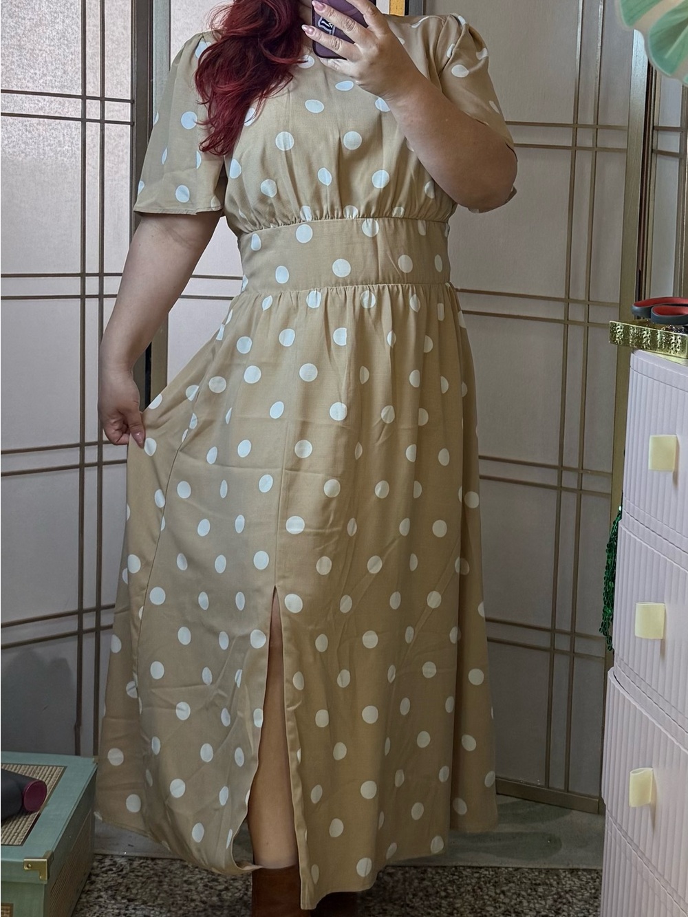 Tinsel Tan and White Polka Dot Maxi Dress